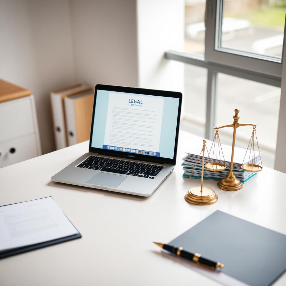 Remote paralegal workstation with legal documents and laptop