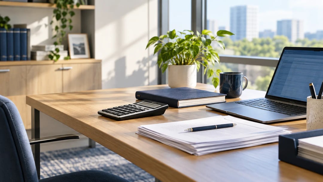 Illustrative bookkeeping desk with a calculator and ledger